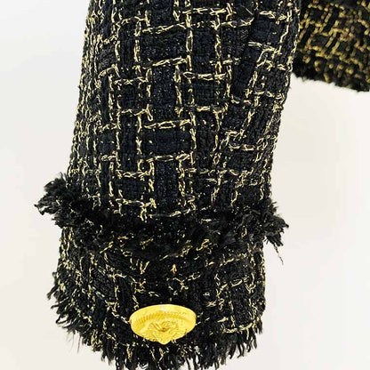 Women's tweed fringe cardigan jacket Gold Plaid jacket