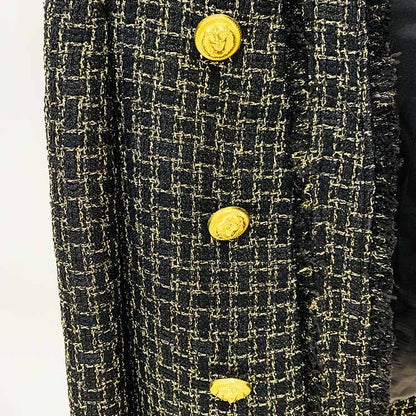 Women's tweed fringe cardigan jacket Gold Plaid jacket