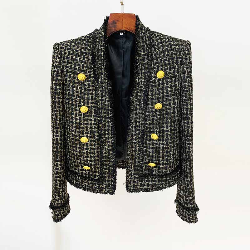 Women's tweed fringe cardigan jacket Gold Plaid jacket