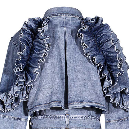 Ruffled Denim Jacket for Women – Women’s Fitted Waist Coat with Flounce Design