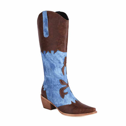 Women's Cowboy Boots Denim Colored Thick High Heel Western Boots