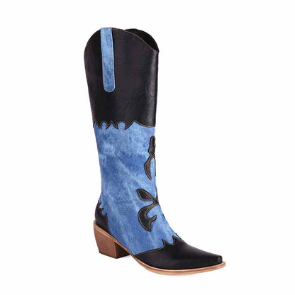 Women's Cowboy Boots Denim Colored Thick High Heel Western Boots