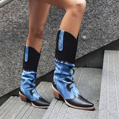 Women's Cowboy Boots Denim Colored Thick High Heel Western Boots