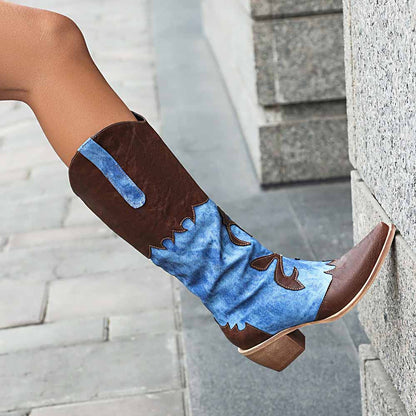 Women's Cowboy Boots Denim Colored Thick High Heel Western Boots