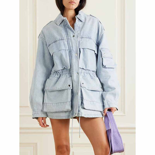 Medium length denim jacket with pockets for women