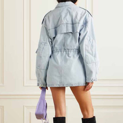 Medium length denim jacket with pockets for women