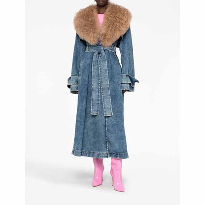 Women Denim Blue Coat With Removable Faux Fur Collar Long Length Coat Lace-Up Jacket