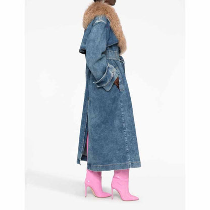 Women Denim Blue Coat With Removable Faux Fur Collar Long Length Coat Lace-Up Jacket