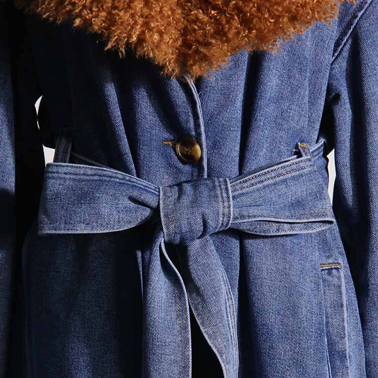 Women Denim Blue Coat With Removable Faux Fur Collar Long Length Coat Lace-Up Jacket