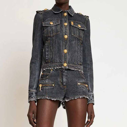 Women's Golden Buttons Fitted Denim Fitted Jacket Black Activewear Coat