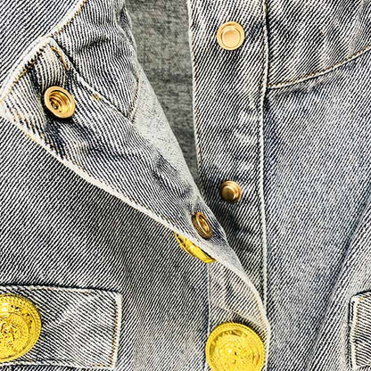 Women's Golden Lion Buttons Fitted Crop Denim Blazer Jacket Blue