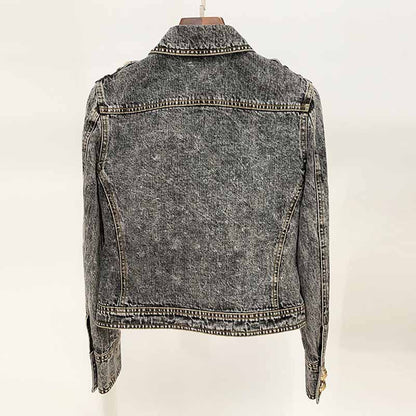 Women's Golden Buttons Fitted Denim Fitted Jacket Black Activewear Coat