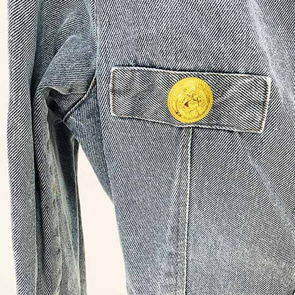 Women's Golden Lion Buttons Fitted Crop Denim Blazer Jacket Blue