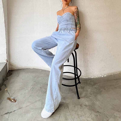 Women's Demin Pantsuit Tube Top & Jeans Set