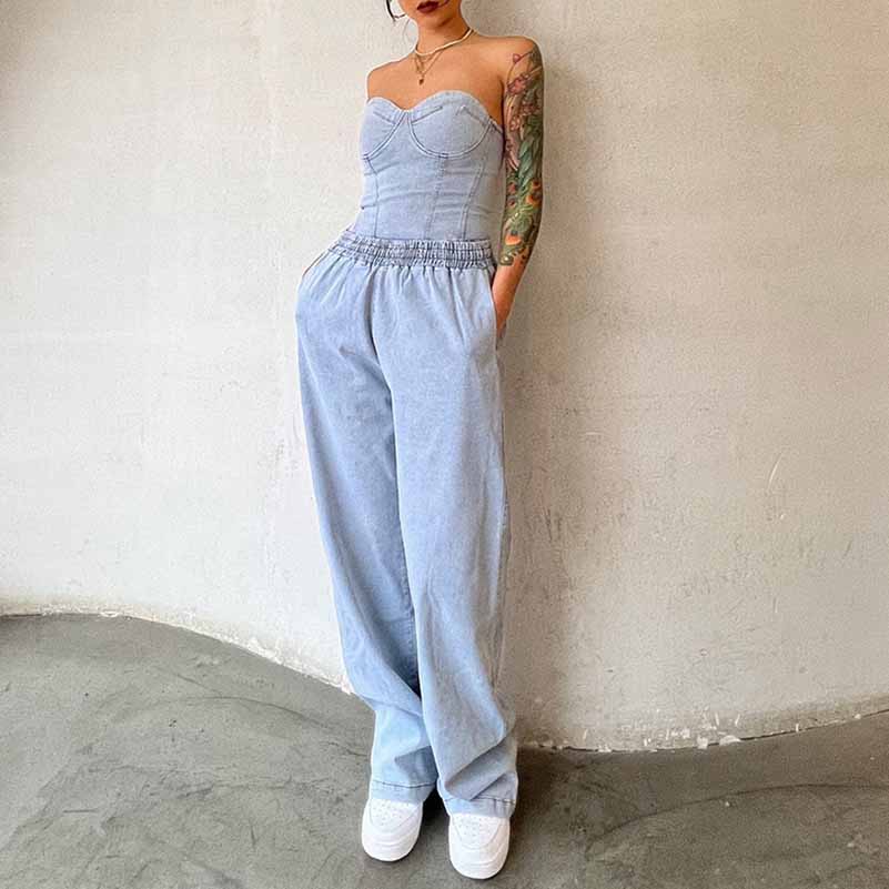 Women's Demin Pantsuit Tube Top & Jeans Set