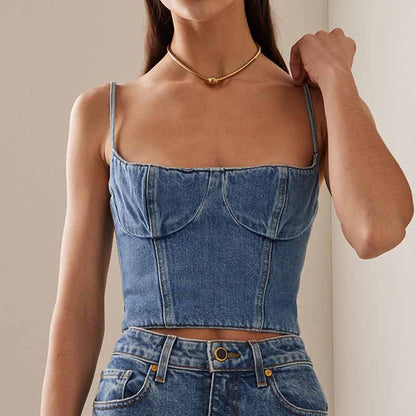 Sexy Spaghetti Strap Cropped Bustier Demin Tank Top