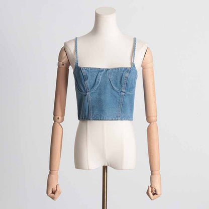 Sexy Spaghetti Strap Cropped Bustier Demin Tank Top