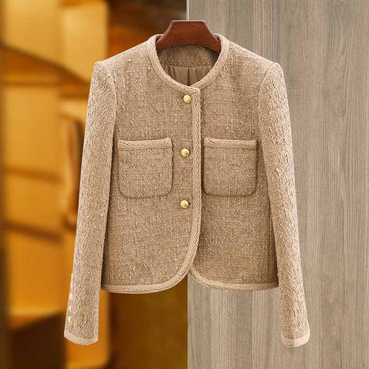 Luxury tweed autumn winter coat khaki tweed woolen cloth jacket