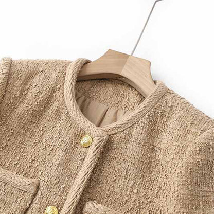 Luxury tweed autumn winter coat khaki tweed woolen cloth jacket