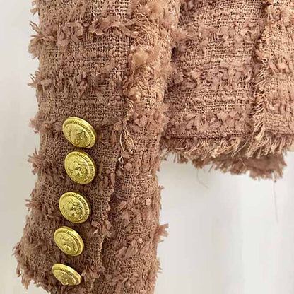 Women Camel Tweed Golden Buttons Fitted Blazer + Mid- Waist Shorts Suit / Wedding Suit, Birthday Party Set