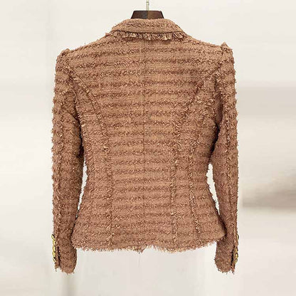 Women Camel Tweed Golden Buttons Fitted Blazer + Mid- Waist Shorts Suit / Wedding Suit, Birthday Party Set