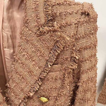 Women Camel Tweed Golden Buttons Fitted Blazer + Mid- Waist Shorts Suit / Wedding Suit, Birthday Party Set