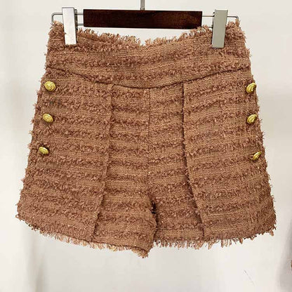 Women Camel Tweed Golden Buttons Fitted Blazer + Mid- Waist Shorts Suit / Wedding Suit, Birthday Party Set