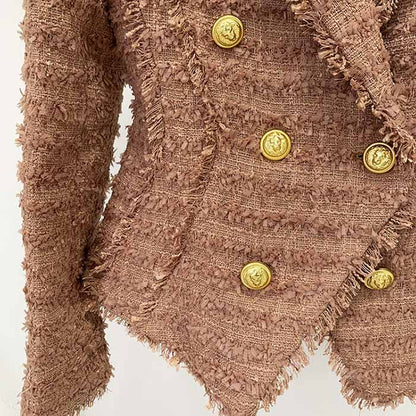 Women Camel Tweed Golden Buttons Fitted Blazer + Mid- Waist Shorts Suit / Wedding Suit, Birthday Party Set