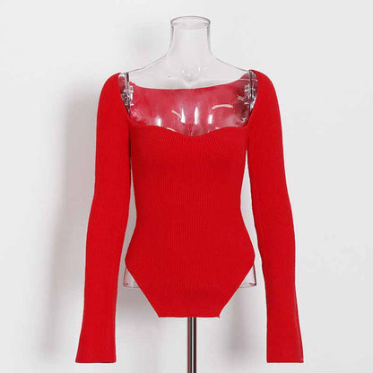 Square Neck Rib Long Sleeve Slim Fitted Tops
