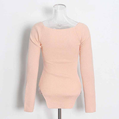 Square Neck Rib Long Sleeve Slim Fitted Tops
