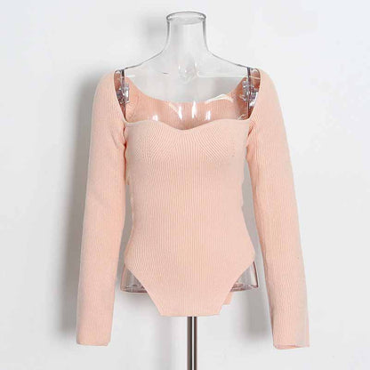 Square Neck Rib Long Sleeve Slim Fitted Tops