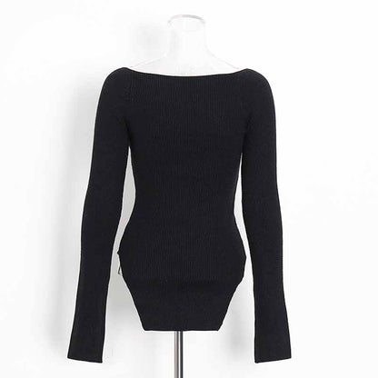 Square Neck Rib Long Sleeve Slim Fitted Tops