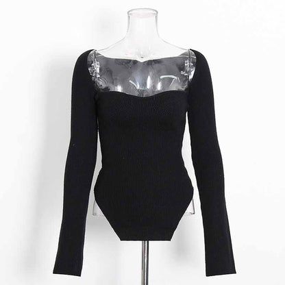 Square Neck Rib Long Sleeve Slim Fitted Tops