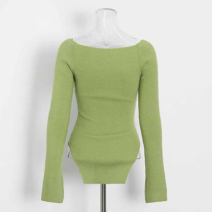 Square Neck Rib Long Sleeve Slim Fitted Tops