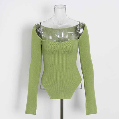 Square Neck Rib Long Sleeve Slim Fitted Tops