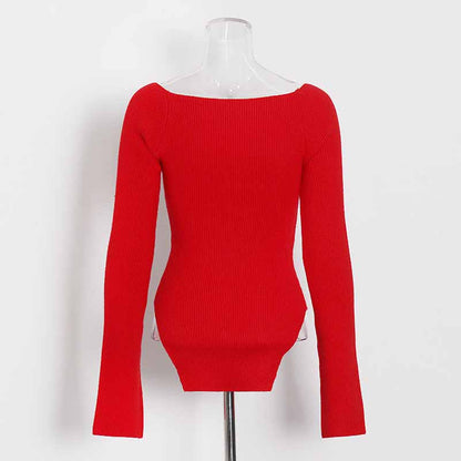 Square Neck Rib Long Sleeve Slim Fitted Tops