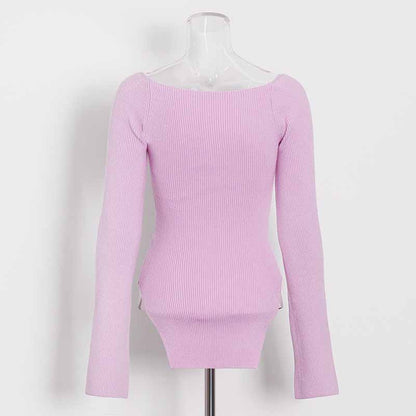 Square Neck Rib Long Sleeve Slim Fitted Tops