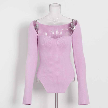 Square Neck Rib Long Sleeve Slim Fitted Tops