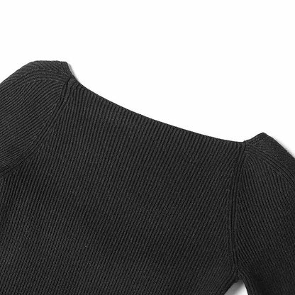 Square Neck Rib Long Sleeve Slim Fitted Tops