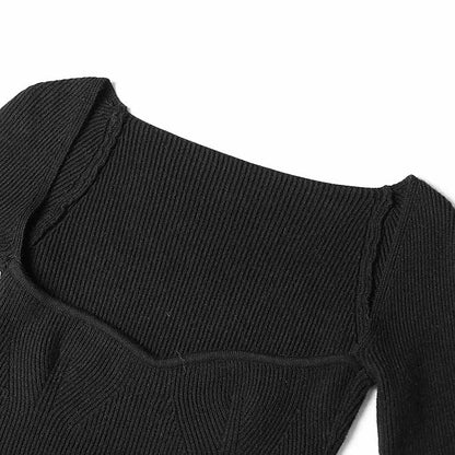 Square Neck Rib Long Sleeve Slim Fitted Tops