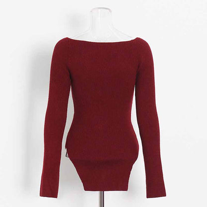 Square Neck Rib Long Sleeve Slim Fitted Tops