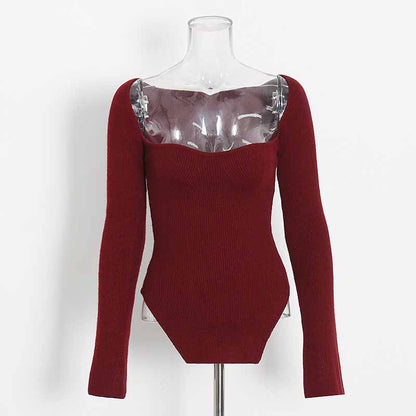 Square Neck Rib Long Sleeve Slim Fitted Tops