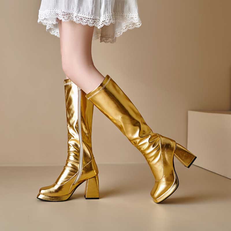 Metallic Microfiber Leather Square Toe Block Heel Knee High Boots