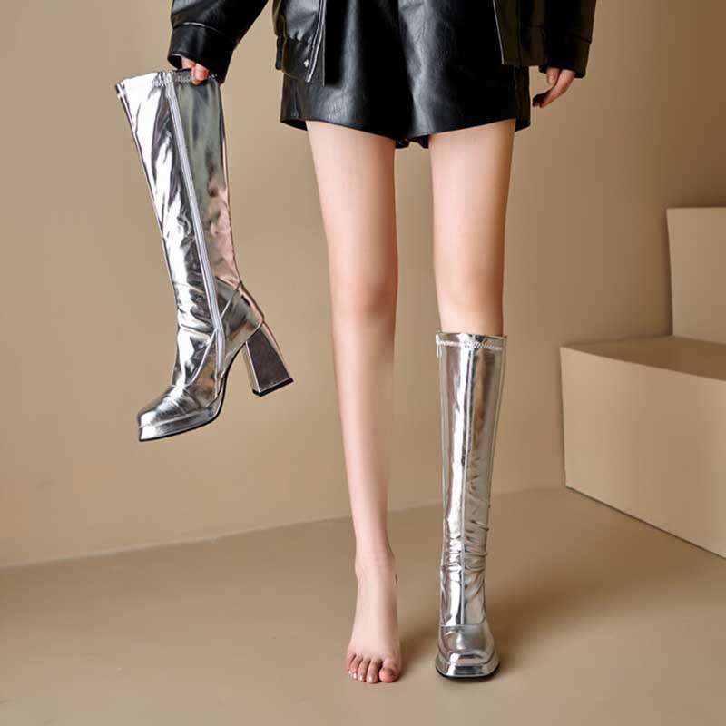 Metallic Microfiber Leather Square Toe Block Heel Knee High Boots