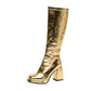 Metallic Microfiber Leather Square Toe Block Heel Knee High Boots