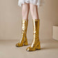 Metallic Microfiber Leather Square Toe Block Heel Knee High Boots