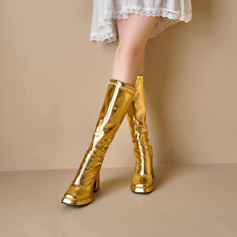 Metallic Microfiber Leather Square Toe Block Heel Knee High Boots