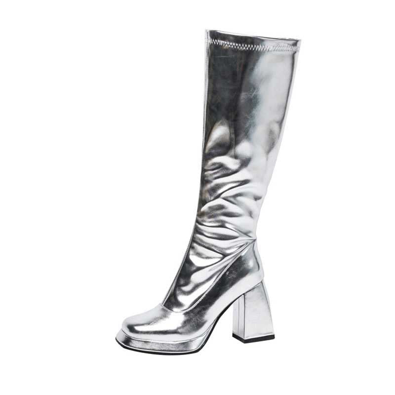 Metallic Microfiber Leather Square Toe Block Heel Knee High Boots