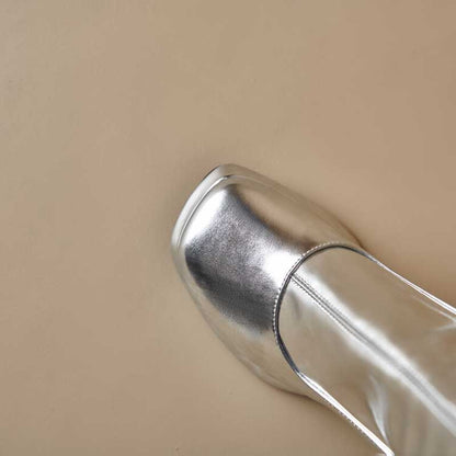 Metallic Microfiber Leather Square Toe Block Heel Knee High Boots