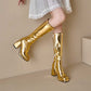 Metallic Microfiber Leather Square Toe Block Heel Knee High Boots